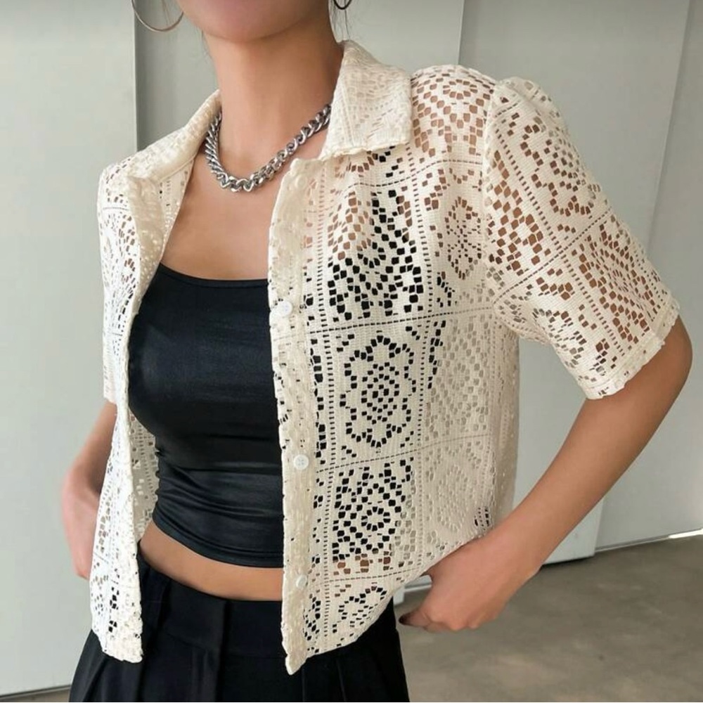 SHEIN Crochet Button-Up Top | Size S, White